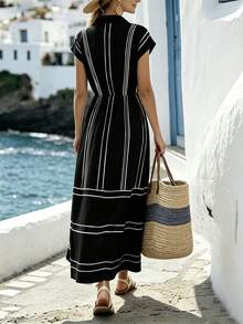 SHEIN Holidaya Vestido casual de manga larga con botones y estampado de rayas de contraste para mujer - Negro - Ver 2
