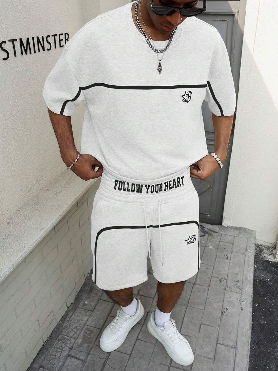 PAVTROS Young Street Style, Ribbon Design, Gothic Letter Print Grey Men T-Shirt Set Football - White - View 1