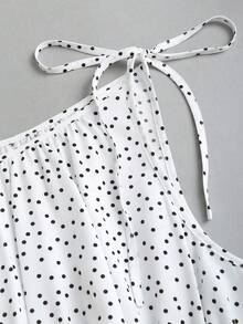 Sweetra Áo tank top nữ mùa hè cổ yếm chấm bi, đen trắng, viền bèo nhún, dáng ôm, phong cách thường ngày đi biển. - trắng - Xem 3