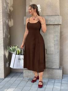SHEIN EZwear 大码女式纹理吊带A字简约纯色连衣裙 - 巧克力棕 - 查看 5