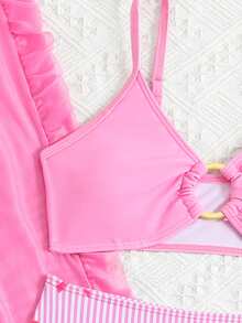 SHEIN Tween Girl Pink Lily Print Split Swimwear With Mesh Wide Leg Pants 3pcs Set,Skin Friendly Quick Drying Spaghetti Strap Bikini For Summer Vacation - Pink - View 3