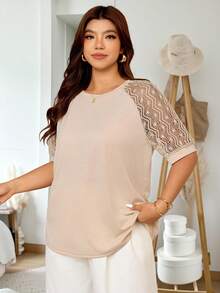 Vionelle T-shirt à col rond à manches courtes en patchwork de dentelle grande taille, pull décontracté, printemps/été - Kaki - Voir 3