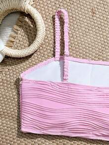 SHEIN Tween Girl Pink Summer Cute Beach Vacation Holiday Bikini Set,3 Pieces Textured Shell Decor Strapless Top,High-Waisted Briefs & Mesh Skirt Swimwear - Pink - View 4