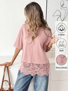 Easowa Áo thun nữ tay ngắn màu đen, cổ tròn, viền ren, dáng rộng. - Màu Hồng  Dưa hấu - Xem 4