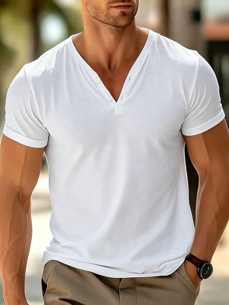 Manfinity Dauomo Men's Casual Solid Color Short Sleeve Polo Shirt For Summer - White - View 1