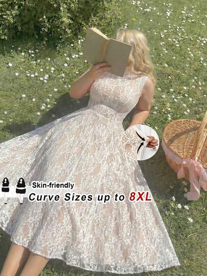 SHEIN CURVE+ Đầm ren màu mơ thanh lịch cổ đứng tay loe cỡ lớn dành cho nữ, đầm mùa hè, đầm dự tiệc cưới, đầm sinh nhật, đầm ren dài ngang gối, đầm dự tiệc trà, đầm dự tiệc trước đám cưới, đầm ren, đầm dự tiệc cưới, đầm ren, bộ đầm ren, đầm dự tiệc trước đám cưới, đầm cưới phong cách mộc mạc, đầm mùa hè thanh lịch, đầm dự tiệc trà