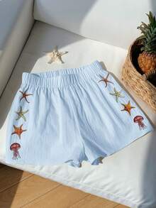 Comfortcana 2026 Primavera/Verano Pantalones cortos de mujer 100% algodón azul con estampado de estrellas de mar, adecuados para invierno, Pascua, fiesta, playa, boda, graduación, elegante, casual, vacaciones, deportes, formal, estilo Y2K, negocios, decorados con lentejuelas, flecos, volantes, flores, estampados y estrellas de mar - Azul - Ver 3