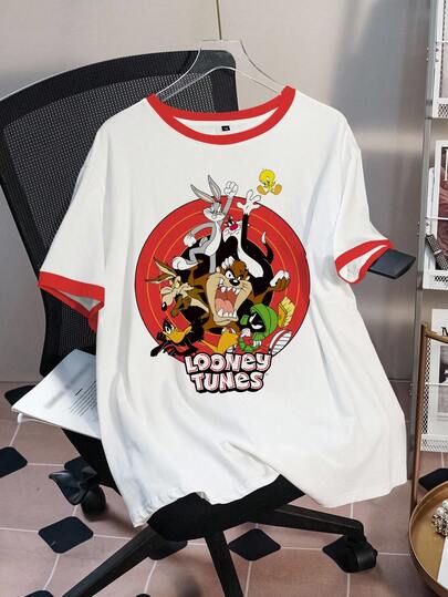 LOONEY TUNES X SHEIN 大码撞色圆领短袖可爱图案休闲T恤