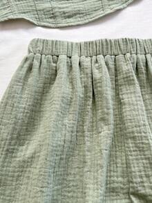 Conjunto de 2 piezas de camiseta sin mangas y pantalones cortos de unicolor casual para vacaciones de mujer - Verde - Ver 3