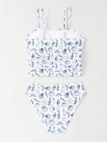 SHEIN 2 件套女童泳衣，女童可爱海洋生物印花吊带背心比基尼套装，适合旅行、海滩、夏季 - 淡紫色 - 查看 2