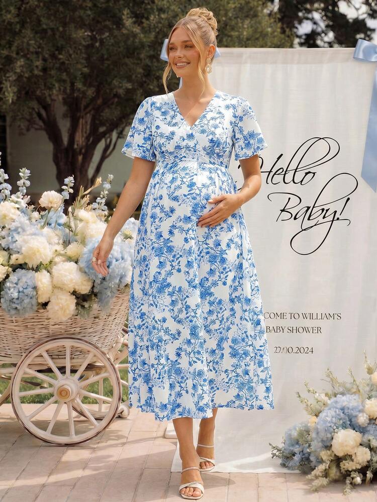 Loomaby Elegant Floral Print Maternity Dress For Summer,Gender Reveal Dress,Maternity  Dress,Baby Shower Dress | SHEIN USA