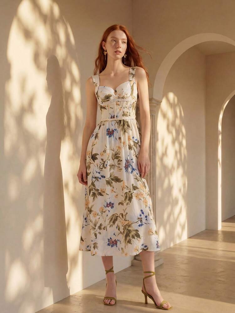 WOMEN'S LINEN PRINTED BUSTIER DESIGN DRESS, SPRING/SUMMER