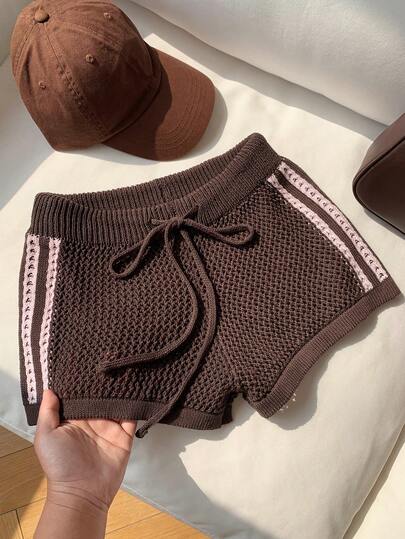 Comfortcana Women's Summer Casual Sports Drawstring Waist Contrast Striped Side Knit Shorts
