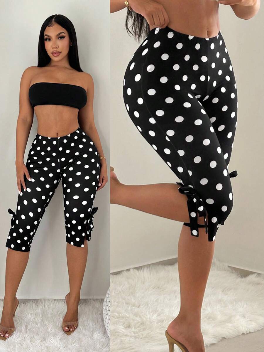 SHEIN SXY Quần lửng nữ kiểu dáng retro thanh lịch họa tiết chấm bi, thắt dây bên hông, dài đến đầu gối, phong cách nghỉ mát.