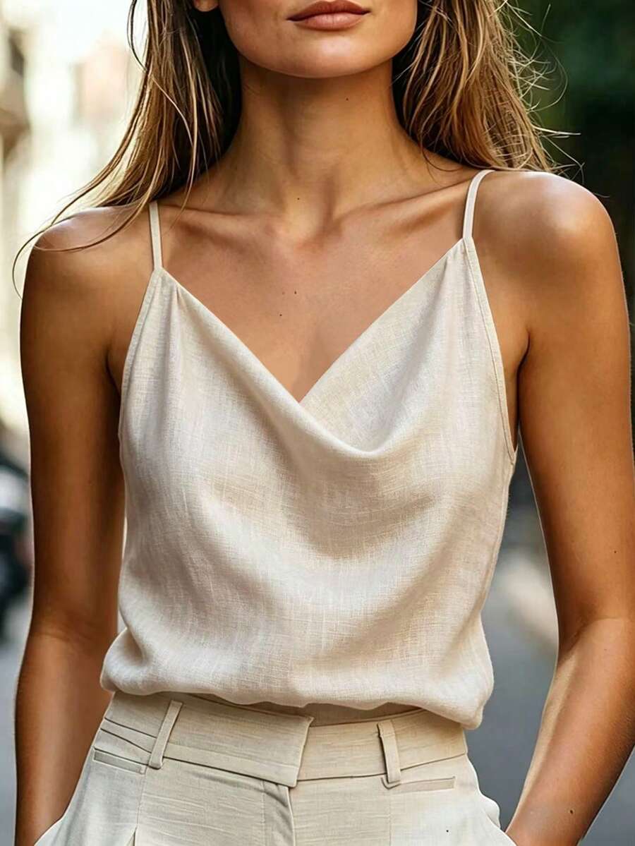 SHEIN 女士纯色简约休闲吊带背心 - 卡其色 - 查看 1