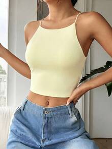 SHEIN EZwear Women's Casual Sleeveless Crop Top, Minimalist Solid Color Slim Fit, Suitable For Daily Commute In Summer,Summer Top - Yellow - View 3