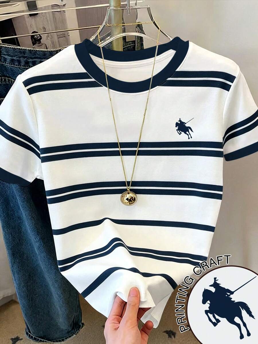 Resyla Women's Striped Knight Pattern Print Color Block Round Neck Short Sleeve T-Shirt - White - View 1