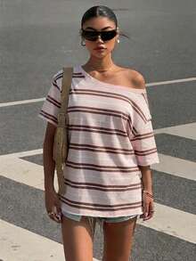 SHEIN EZwear 女士休闲简约印花露肩宽松短袖T恤，复古美式条纹印花，露肩T恤，女士街头服饰 - 彩色 - 查看 5