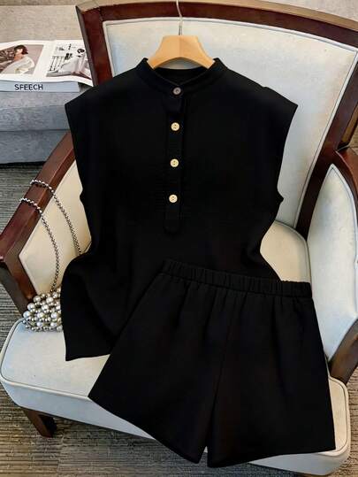 GlowEve CURVE 2pcs Plus Size Women Button Short Sleeve Top And Casual Shorts Set