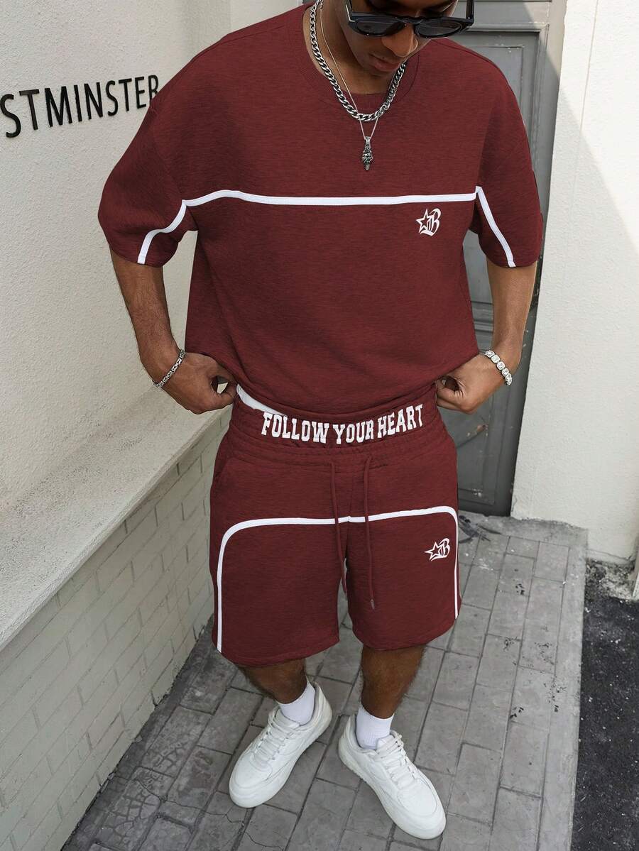 PAVTROS Young Street Style, Ribbon Design, Gothic Letter Print Grey Men T-Shirt Set Football - Burgundy - View 1