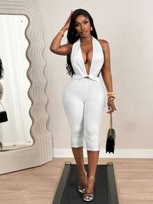 BamGleam Bộ jumpsuit nữ thiết kế khoét lưng cổ chữ V sâu, phù hợp cho hẹn hò, chụp ảnh, tiệc tùng, đi club, tiệc chiêu đãi, kỳ nghỉ biển. Bộ jumpsuit gợi cảm, co giãn tốt, ôm eo. - trắng - Xem 6