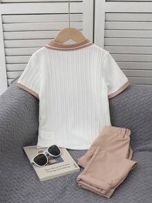 2pcs Young Boys Summer Gentleman Outfit,Knitted Jacquard Polo Shirt & Khaki Pants Set,Back-To-School,Career Day,Old Money Outfit For Wedding Party - Multicolor - View 2