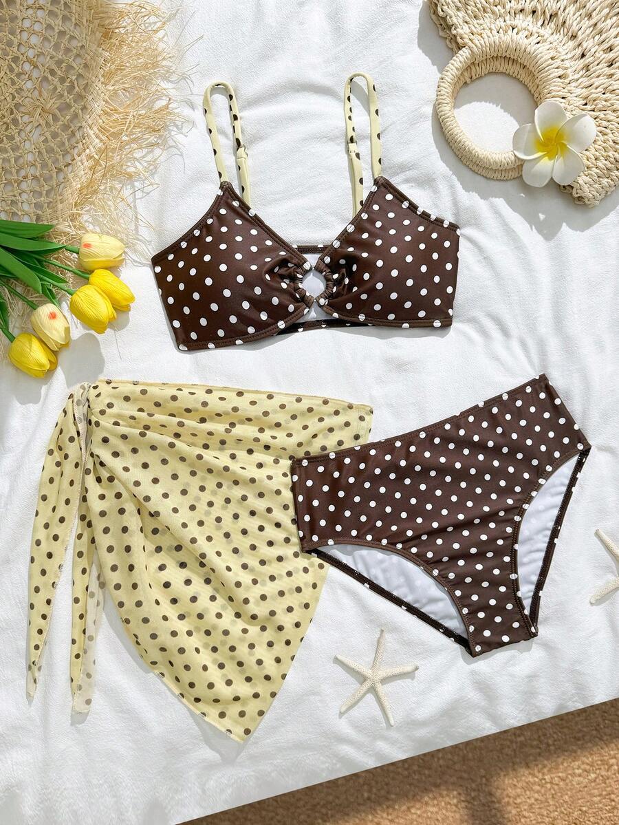 SHEIN 少女比基尼套装，三件套泳装，波点针织面料比基尼上衣、泳裤和纱笼裙，时尚休闲优雅泳装，适合游泳、夏季度假、海滩、泳池、假日派对等场合。 - 棕色 - 查看 1