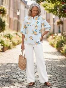 EMERY ROSE Completo casual da donna di mezza età e anziana con top a scollo a V e pantaloni con stampa floreale - Multicolore - Visualizzare 4