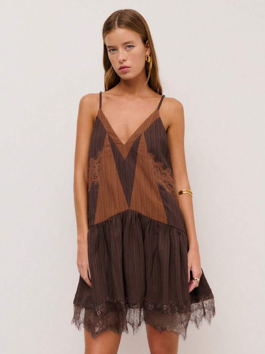 Nöista Brown Slip Dress With Contrasting Panels, Lace Accents, And A Flared Hem With Adjustable Straps On Back. Event, Festival, Spring, Summer, Woman. - Brown - View 1