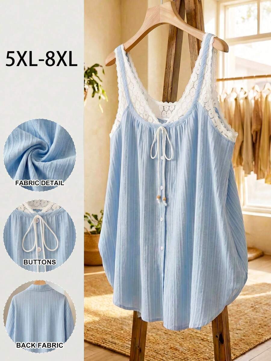 SHEIN CURVE+ 大码女式无袖上衣,休闲女士背心,蓝色吊带衫,新款夏季背心,青少年休闲服装,夏季上衣 - 藍白色 - 查看 1