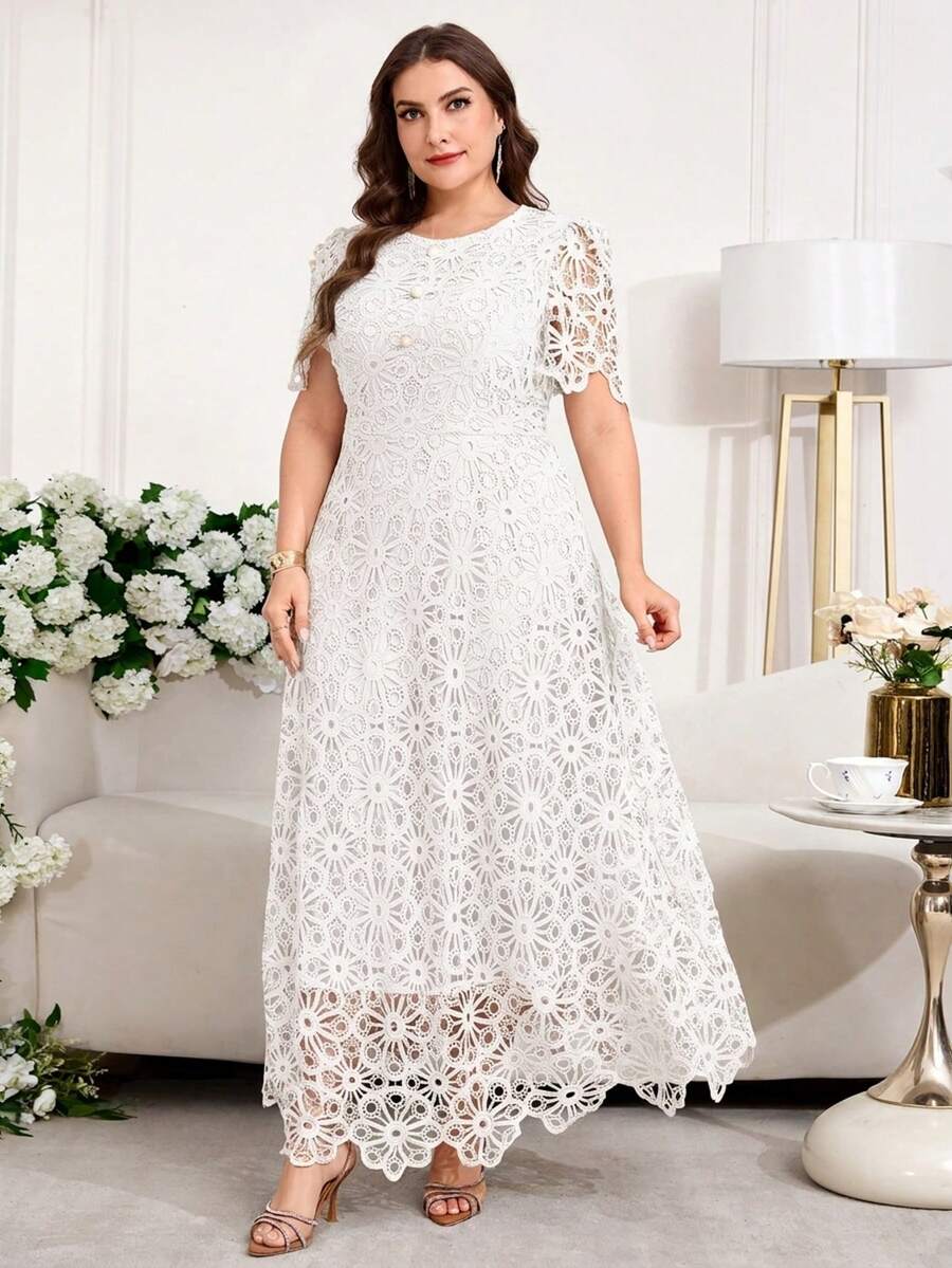 Reflora Plus Size Solid Color Lace Patchwork Round Neck Short Sleeve Dress - White - View 1