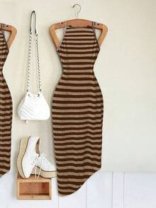 Calvaya Plus Size Women Crew Neck Sleeveless Striped Tie-Waist Bodycon Knit Dress - Mocha Brown - View 2