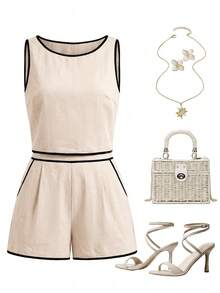 Ellevyn Bộ đồ nữ mùa hè kiểu dáng thường ngày, áo tank top cổ tròn phối viền tương phản và quần short (2 món) - Màu be - Xem 9