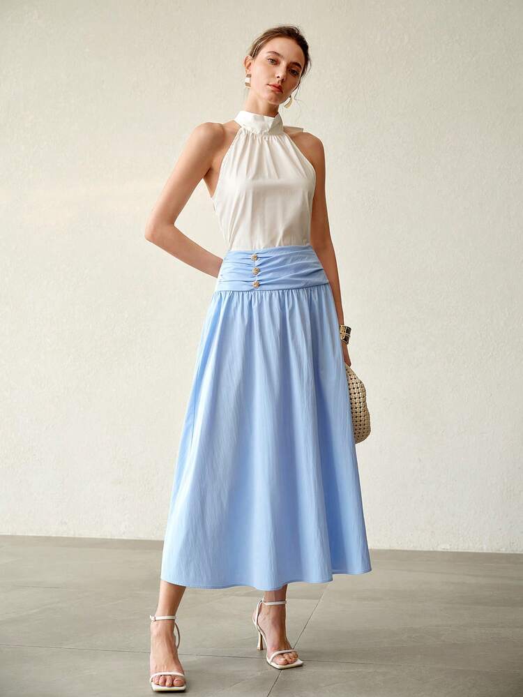 WOMEN'S CASUAL PLEATED METAL CONTRAST BUCKLE DECOR SKIRT