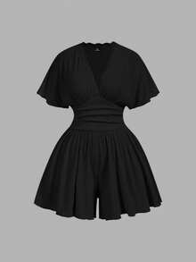 SHEIN MOD Bộ jumpsuit tay cánh dơi cổ chữ V viền ren dành cho nữ cỡ lớn, màu mơ, trang phục thường ngày. - màu đen - Xem 3