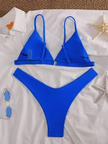 SHEIN Swim Baju Renang Plain Lucu - Royal Blue - View 3