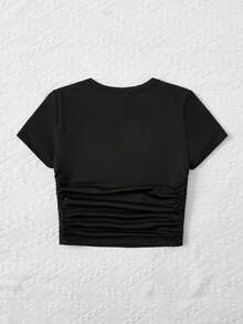 Leap Crew Teen Girls Rhinestone Star Pattern Ruched Side Tee - Black - View 2