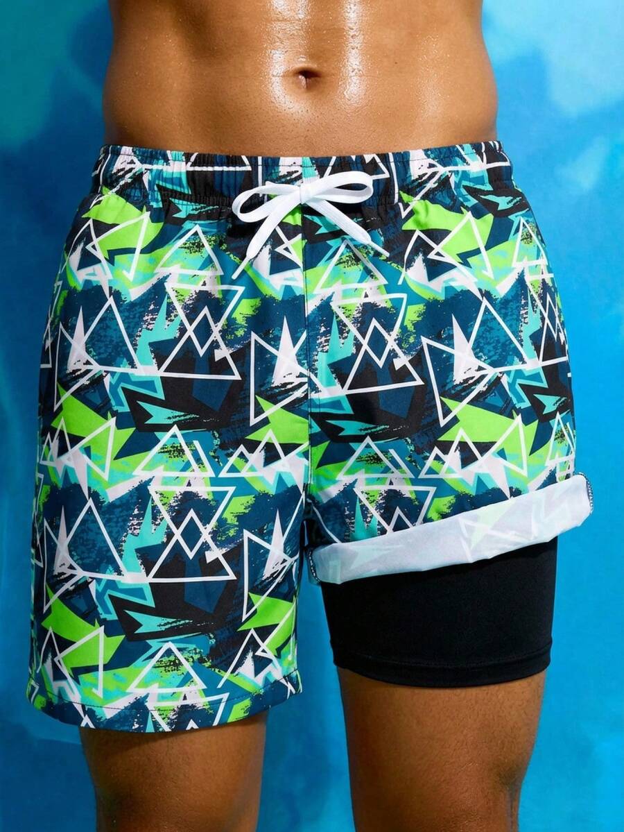 SHEIN Bañador corto fino para adolescentes con estampado geométrico multicolor en toda la prenda y contraste de color, estilo casual para vacaciones, playa, juegos en la playa, fiesta en la piscina, primavera/verano - Multicolor - Ver 1