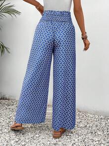 SHEIN Frenchy Allover Print Knot Waist Tulip Hem Wide Leg Baggy Cross Over Pants - Blue - View 2
