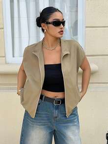 Dazy Plus Sleeveless Casual Stand Collar Zip-Up Jacket Thin Outerwear Plus Size For Women, Spring/Summer Bussines - Army Green - View 5