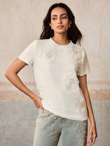 Áo thun nữ mùa hè tươi mát, thêu hoa 3D, màu trắng, 100% cotton. - trắng - Xem 3