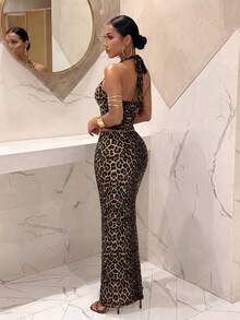 Slaydiva Women's Sexy Leopard Print Backless Tie-Front Crop Top And High Slit Hem Skirt Set, Fashionable Beach/Resort Wear,Summer Outfits For Women - Black - View 3