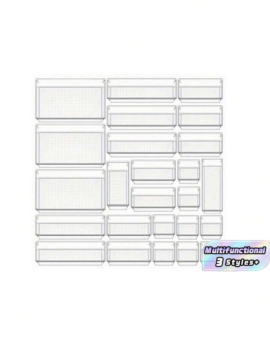 Ensemble d'organisateurs de tiroirs en plastique transparent, bacs organisateurs de tiroirs multifonctionnels pour salle de bain et coiffeuse, bacs de rangement pour maquillage, cuisine et bureau - Blanc - Voir 1