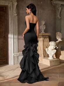 Aureia Women's Elegant Black Luxury 3D Beaded Sequins Mermaid Dress,High Waist Asymmetrical Exaggerated Ruffled Hem Side Slit Formal Evening Gown - Black - View 2