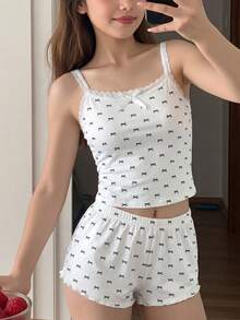 SHEIN 少女简约蝴蝶结印花缎带饰边吊带背心和短裤舒适休闲白色修身睡衣套装，2件套 - 白色 - 查看 5