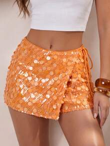 Glamine Chân váy ngắn đính sequin đa năng dành cho nữ, màu cam rực rỡ, phù hợp cho đi biển, hẹn hò, trang phục đầu xuân. - trái cam - Xem 1