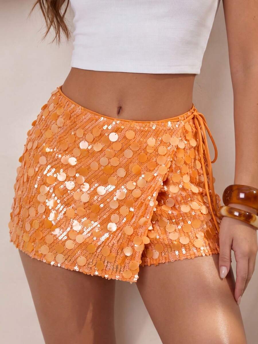 Glamine Chân váy ngắn đính sequin đa năng dành cho nữ, màu cam rực rỡ, phù hợp cho đi biển, hẹn hò, trang phục đầu xuân. - trái cam - Xem 1