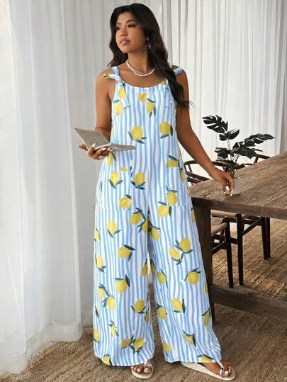 Weeklong Women's Adjustable Tie Striped Lemon Print Jumpsuit, Casual Vacation Outfit