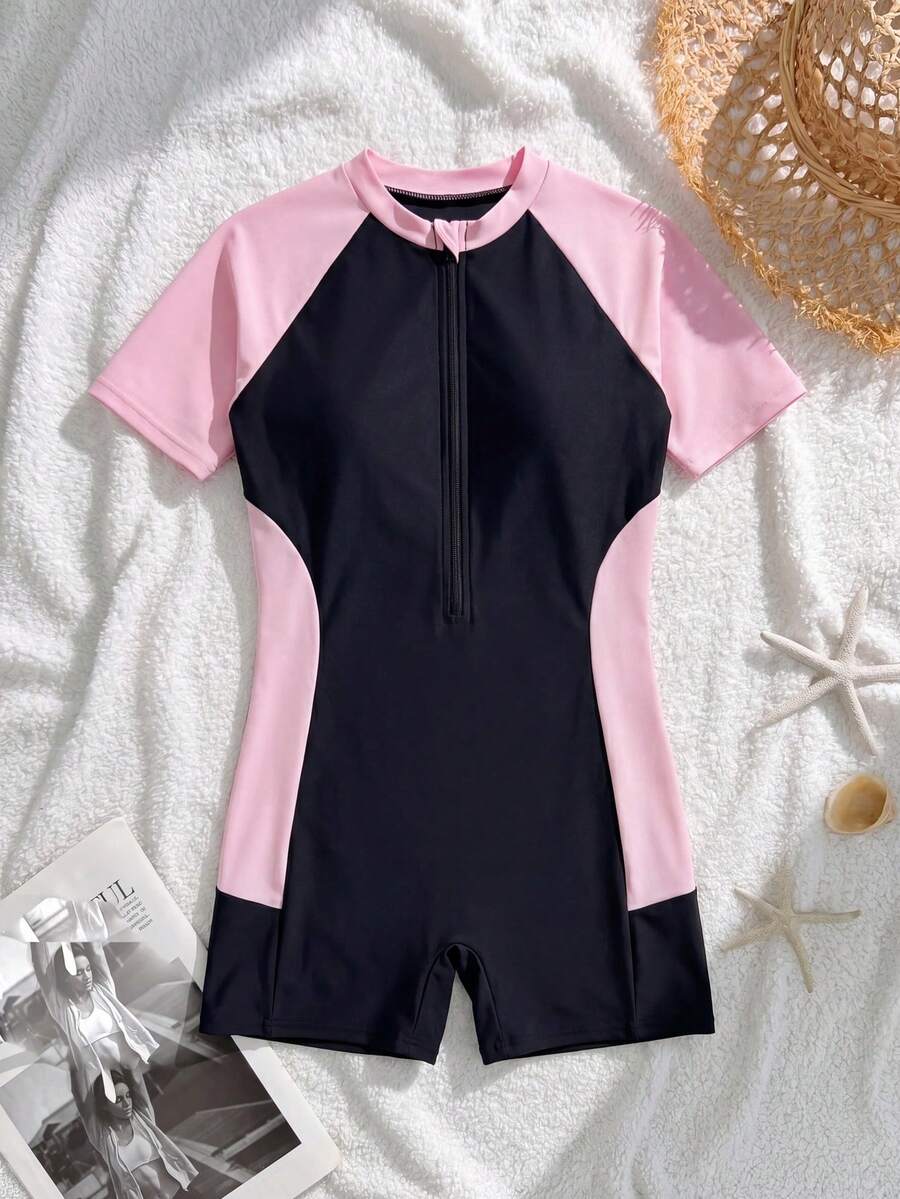 SHEIN 少女黑粉拼接撞色连体泳衣,短袖圆领直筒下摆冲浪泳装,保守海滩度假装,适合夏季穿着 - 彩色 - 查看 1