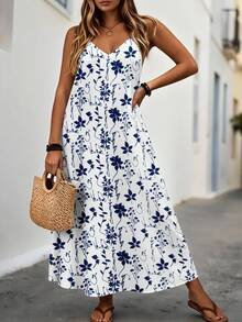 EMERY ROSE Plus Size Women V-Neck Spaghetti Strap Floral Print Casual Dress - Multicolor - View 4